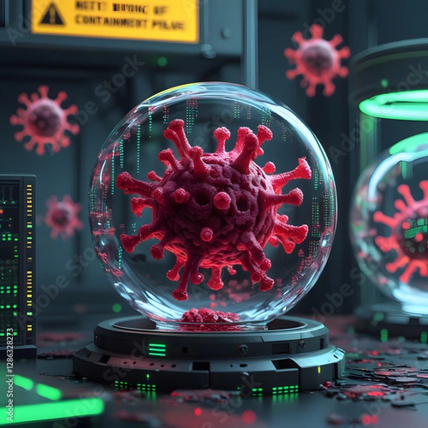 Obraz Set within a moody cyberpunk lab, the environment pulses with neon-green warning alerts flashing across futuristic monitors. 