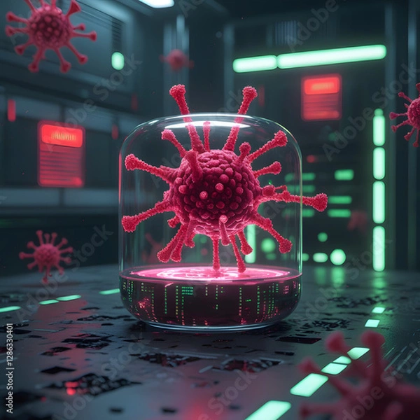 Obraz Set within a moody cyberpunk lab, the environment pulses with neon-green warning alerts flashing across futuristic monitors. 