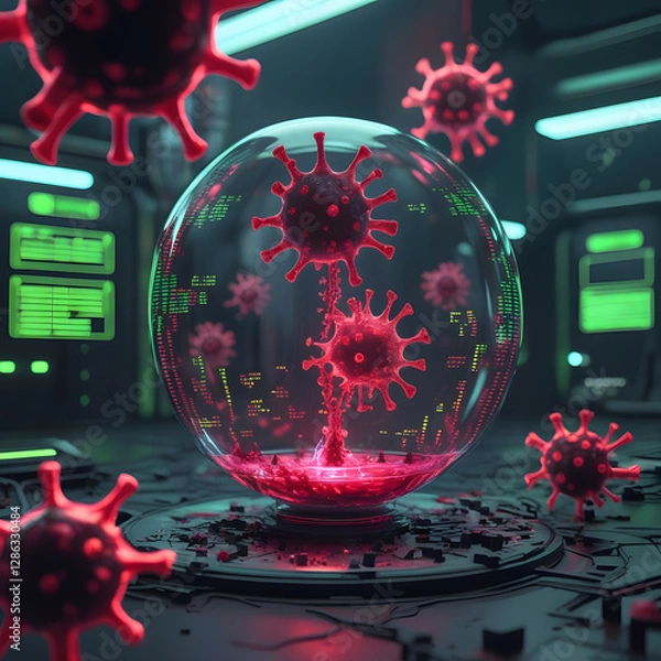 Obraz Set within a moody cyberpunk lab, the environment pulses with neon-green warning alerts flashing across futuristic monitors. 
