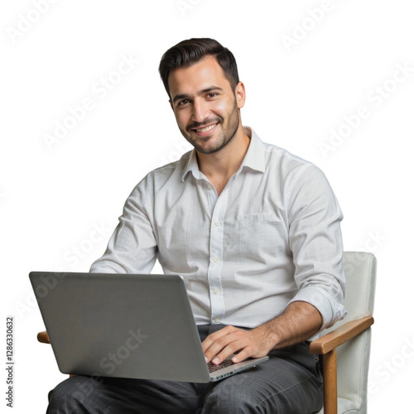 Fototapeta A man in a white shirt is seated on a chair with his laptop, smiling at the camera.