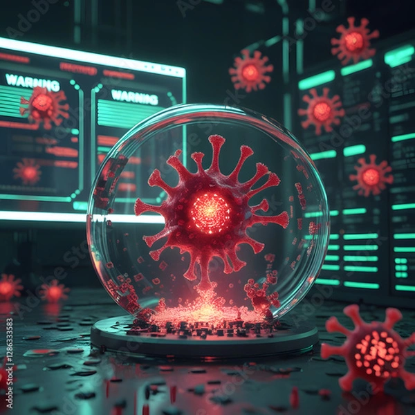 Fototapeta Set within a moody cyberpunk lab, the environment pulses with neon-green warning alerts flashing across futuristic monitors. 