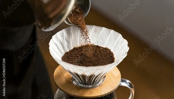 Fototapeta ドリッパーにコーヒーの粉を入れている場面