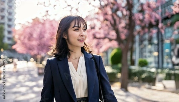 Fototapeta 春に街を歩くスーツ姿の女性