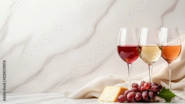 Fototapeta An aesthetically pleasing display featuring three glasses of wine alongside a selection of fresh grapes and cheese, inviting a sense of sophistication and enjoyment.