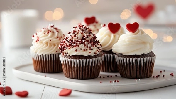 Fototapeta A selection of delightful cupcakes, adorned with heart-shaped decorations, sits on a white plate, inviting enjoyment for special occasions and celebrations.