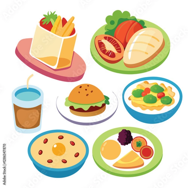Obraz Colorful Flat Lay Illustration of Various Food Items on Plates