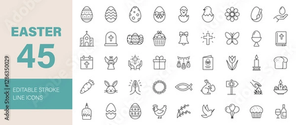 Fototapeta Easter line Editable Icons set. Vector illustration for web and mobile app. Christianity related icons: Spring, holidays, Christ, God, church, decoration, Religion, Easter eggs, Bible, dove and more.