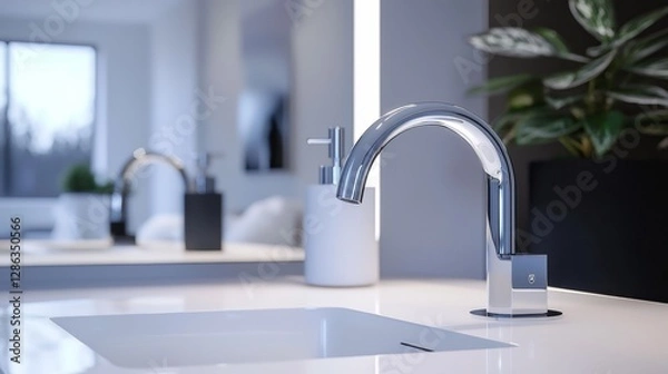 Fototapeta Sleek and Touchless Low-Flow Faucet in a Modern Bathroom