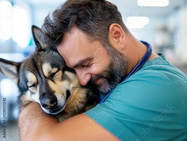 Fototapeta A heartwarming scene depicting a man lovingly embracing his dog, showcasing the deep emotional bond shared between humans and their pets in a cozy, candid moment.