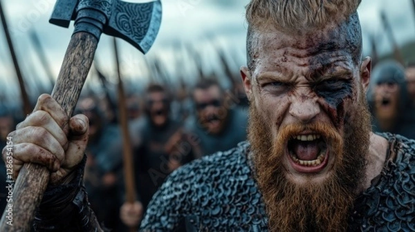 Fototapeta A fierce warrior, battle-worn and enraged, raises his axe amidst a chaotic battlefield filled with formidable opponents, embodying raw emotion and the spirit of conflict.