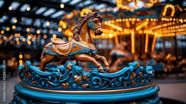 Fototapeta A beautifully crafted carousel horse shines brightly against a backdrop of warm ambiance, showcasing intricate design and evoking a sense of nostalgia and joy.