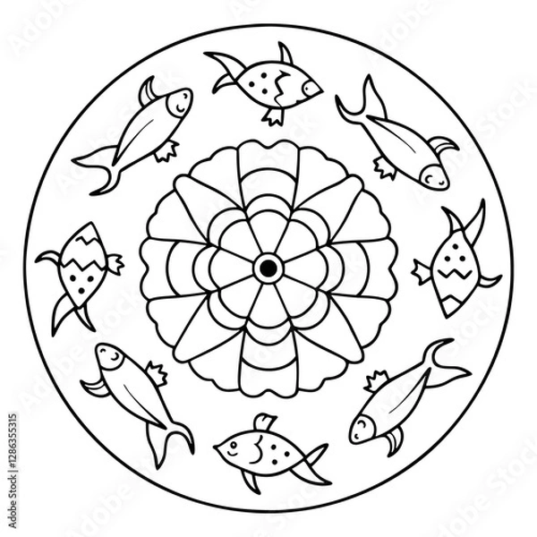Fototapeta Aquatic Harmony: A whimsical illustration of marine life, showcasing a circular mandala-style design with stylized fish encircling a central floral motif. Generative AI.