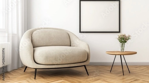 Fototapeta Beige armchair with patterned upholstery sits in a bright room with wooden floors, next to a small round wooden side table holding a vase of flowers