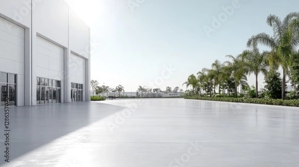 Fototapeta Modern warehouse, palm trees, sunny day, empty lot