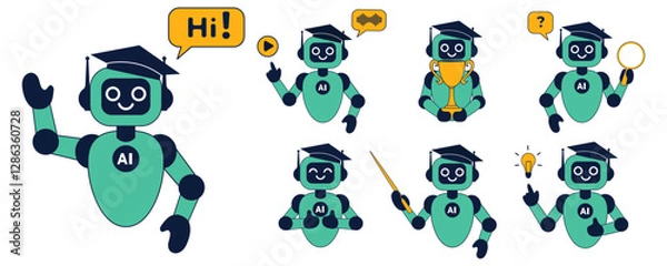 Fototapeta Set modern flat illustrations of cute ai robot, chatbot in school education. Artificial intelligence in school education concept. Vector illustration isolated on white background.