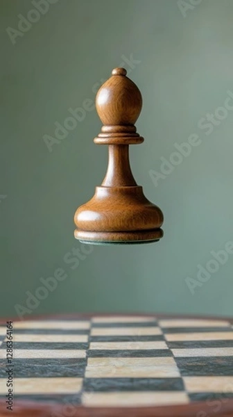 Fototapeta A Wooden Chess Piece Bishop Hovering Over A Checkered Board