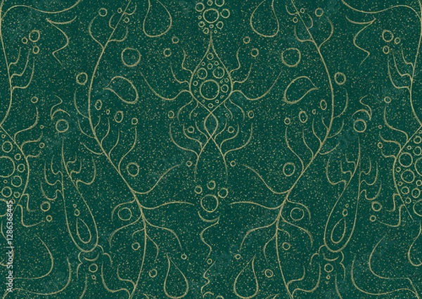 Obraz Hand-drawn unique abstract symmetrical seamless gold ornament and splatters of golden glitter on a dark cold green background. Paper texture. Digital artwork, A4. (pattern: p13-1a)