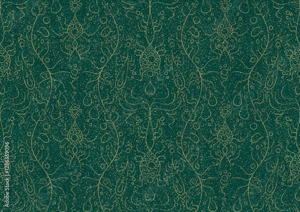 Obraz Hand-drawn unique abstract symmetrical seamless gold ornament and splatters of golden glitter on a dark cold green background. Paper texture. Digital artwork, A4. (pattern: p13-1b)