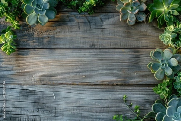 Fototapeta Vibrant Color Picture of Top View of Plants on a Wooden Surface