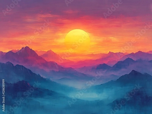 Fototapeta Vibrant sunset paints majestic mountains in warm hues. AI Generated