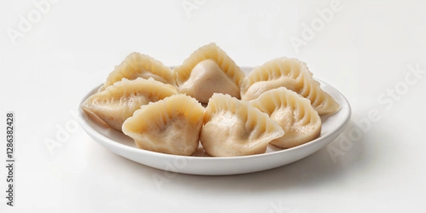 Fototapeta Steamed dumplings arranged neatly on a white plate ready for serving in a bright kitchen environment