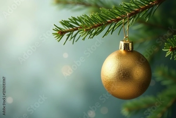 Fototapeta Decorative gold sphere ball suspended from a small pine tree branches, decorative, spruce