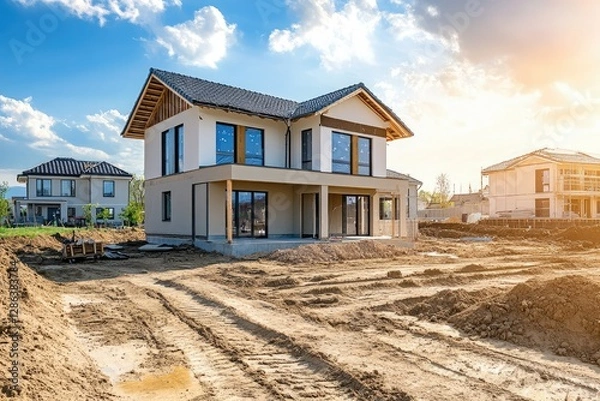Fototapeta Vibrant Color Picture of Construction Residential New House in Progress at Building Site