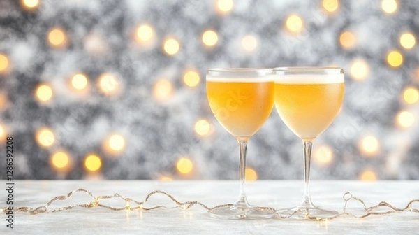 Fototapeta Two champagne glasses filled with sparkling golden beverage on festive background with warm glowing lights creating elegant celebratory ambiance for luxury and romance