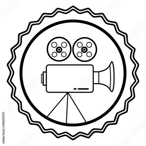 Obraz Vintage Movie Camera Icon: A detailed illustration of a vintage movie camera, rendered in a clean, black-and-white style, encapsulated within an ornate, Generative AI.