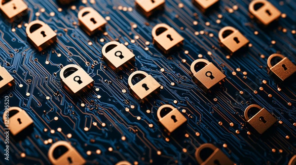 Fototapeta Close up of circuit board with multiple golden padlocks, symbolizing security and protection in technology. intricate design highlights connection between digital security and hardware
