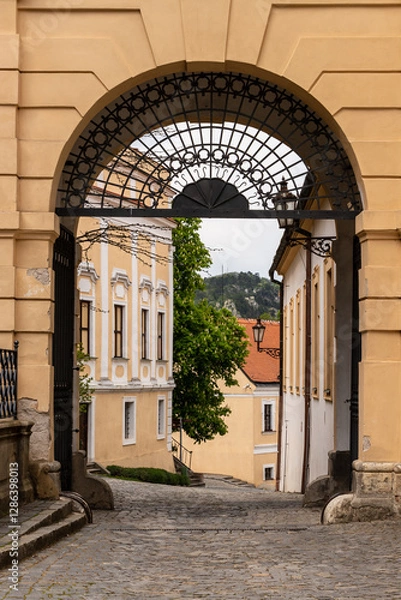 Obraz Historic arched gateway and cobblestone street in Mikulov, Czech Republic. A picturesque arched gateway with ornate ironwork leading to a charming cobblestone street, surrounded by historic buildings 