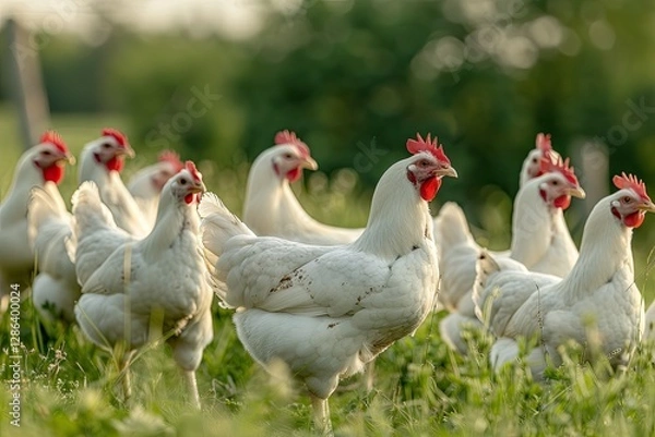 Fototapeta Sharp Picture of a Pen Full of White Chickens Waiting for Food to Be Thrown at Them