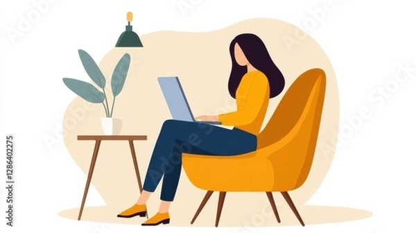 Fototapeta Illustration of a student using a laptop in a cozy space with comfortable chair and plant, balancing work and relaxation in a serene environment.