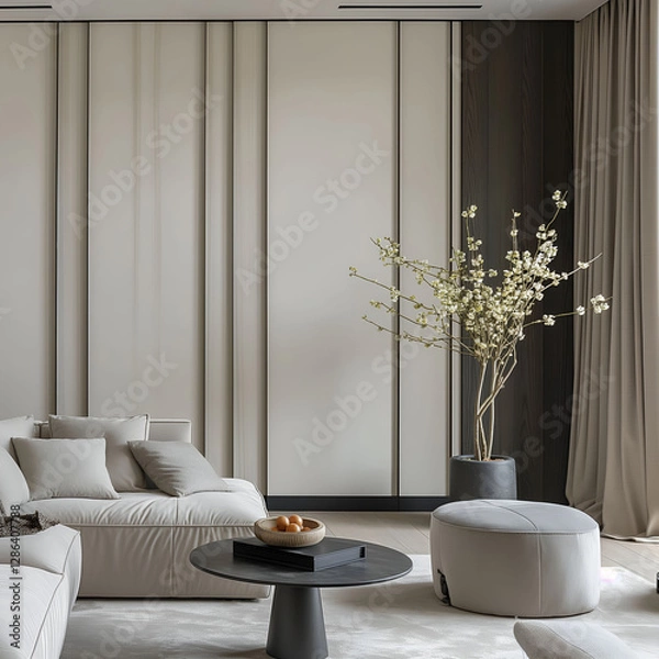 Fototapeta Aesthetic beautiful elegant minimalist modern interior design. Clear mock up empty wall for decoration in the apartment. Copy space in the room.