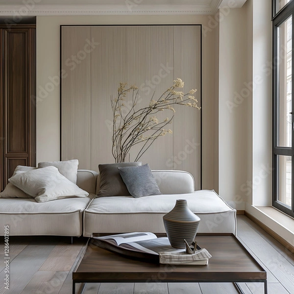 Obraz Aesthetic beautiful elegant minimalist modern interior design. Clear mock up empty wall for decoration in the apartment. Copy space in the room.