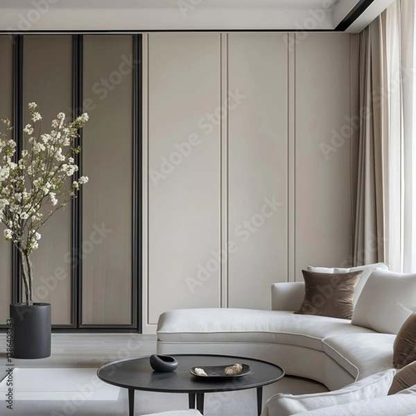 Fototapeta Aesthetic beautiful elegant minimalist modern interior design. Clear mock up empty wall for decoration in the apartment. Copy space in the room.