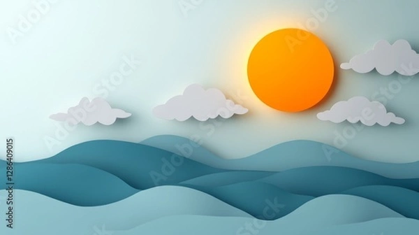 Fototapeta Sun and layered clouds in soft pastel paper cut style creating a dreamy daytime sky illustration with warm sunlight and gentle floating shapes