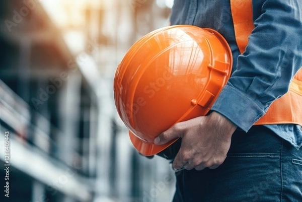 Fototapeta Engineer Holding Orange Helmet for Workers Security on Buildings and Construction