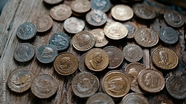 Fototapeta Various coins, ranging in color and texture, scattered across a wooden surface, reflect the diversity of currency and history.