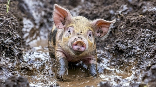 Fototapeta A heritage piglet exploring a muddy farm enclosure.