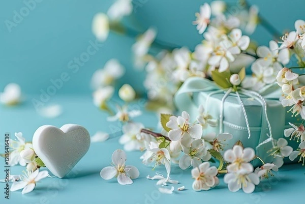 Fototapeta Spring Background with Flowers and a Heart Shaped Gift Box on a Blue Background