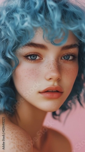 Obraz A pretty young girl with curly blue hair. Close-up portrait. She looks at the camera. The background is pink.