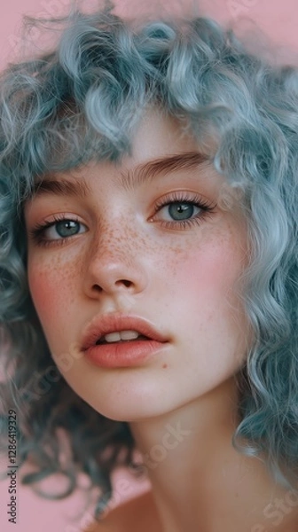 Obraz A pretty young girl with curly blue hair. Close-up portrait. She looks at the camera. The background is pink.