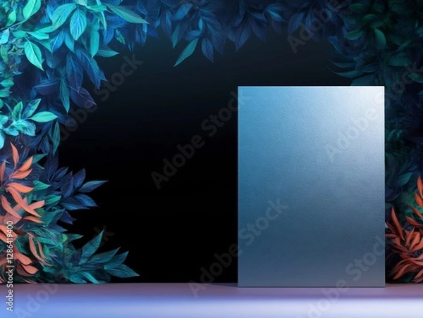 Fototapeta Moody Teal Blue Plant Frame Mockup Background. AI Generated
