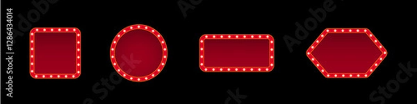 Obraz Retro casino light signs on black background. Circus frames with glowing light bulbs. Red cinema or theater banners of square, circular, rectangular, hexagonal shapes. Vector illustrations set.