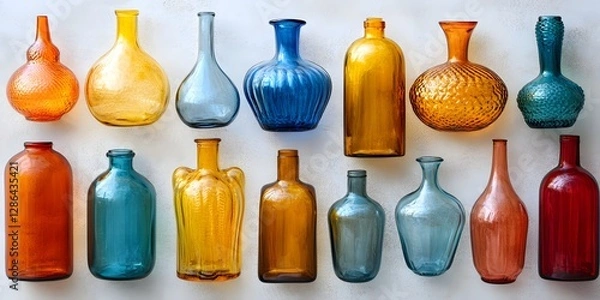 Obraz Row of colorful vases are displayed on a white background. The vases come in various shapes and sizes, with some being tall and slender, while others are short and wide