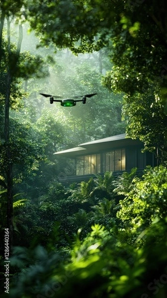 Obraz Drone Flying Over Lush Forest Surrounding Modern Eco-Friendly Home in Sunlit Wilderness