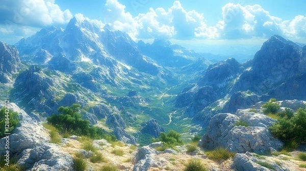 Fototapeta Majestic mountain range bathed in vibrant sunlight serene valley below. AI Generated