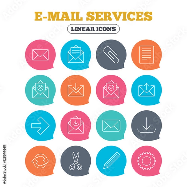 Fototapeta Mail services icons. Send mail, paper clip and download arrow symbols. Scissors, pencil and refresh thin outline signs. Receive, select and delete mail. Flat speech bubbles with linear icons. Vector