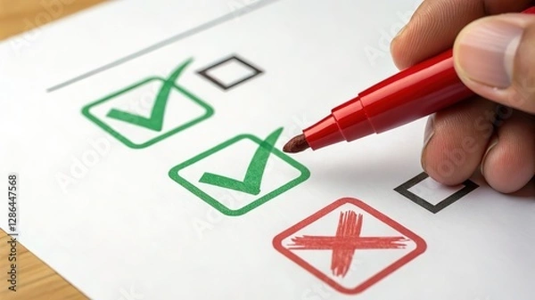 Fototapeta Checklist with checkmarks and a cross: hand marking choices on a survey or questionnaire with a red marker, representing decision making, selection, assessment, and evaluation.